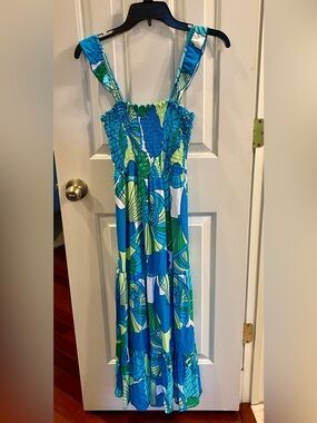 Tori Richard Blue & Green Floral Smocked Sundress